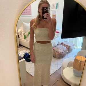 Cream Crochet Knit Midi Skirt with Matching Top